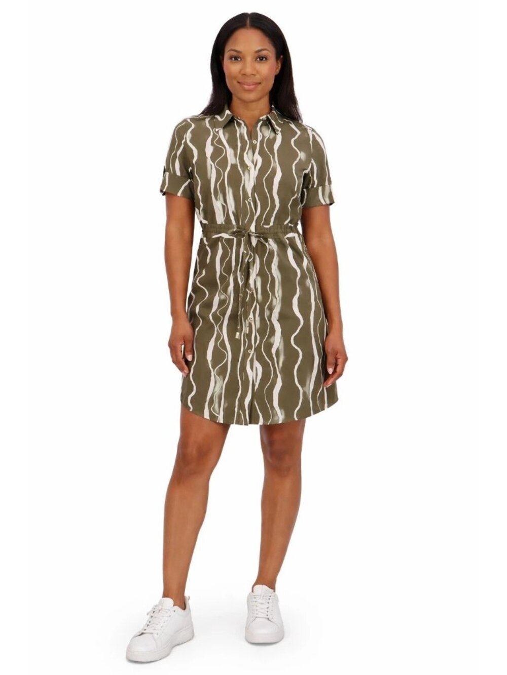 NWT Halston Women's L  Wavy Stripe Knee Shirt Dress With Belted F1068